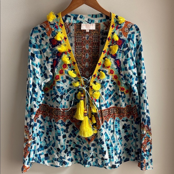 Rococo Sand Tops - Rococo Sand Blue Mosiac Print Embroidered Blouse